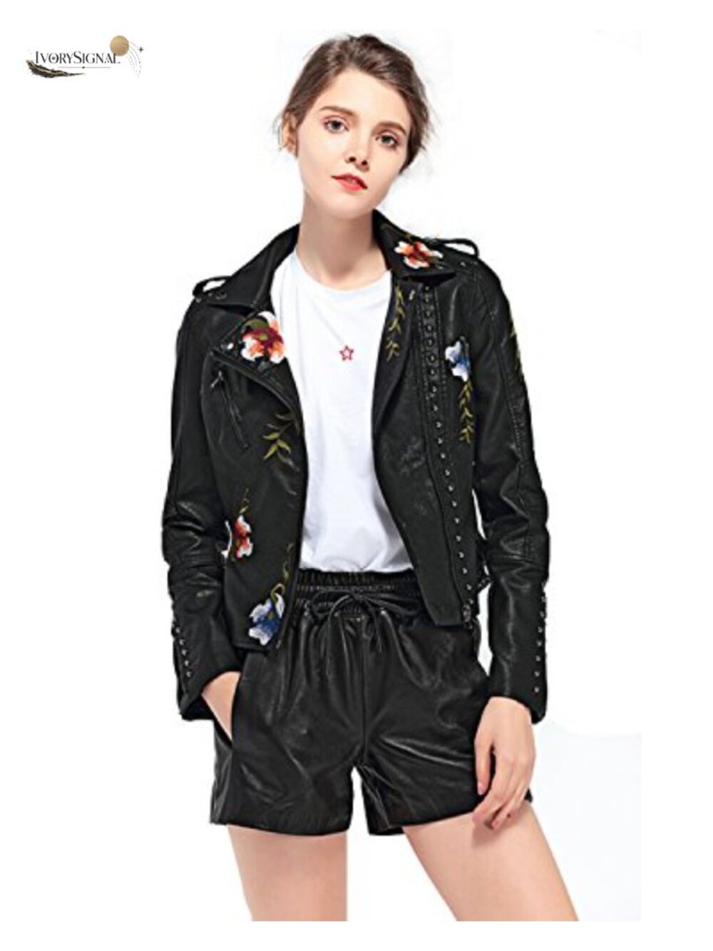 Women's Floral Embroidered Faux Leather Moto PU Jacket with Zipper